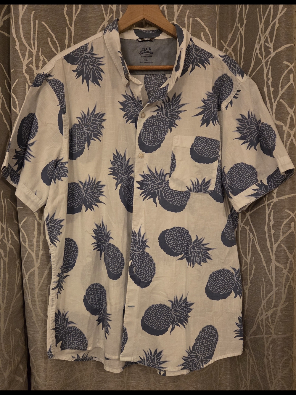 IZOD Saltwater Blue Pineapple Print Short Sleeve Cotton Shirt. Size XXL